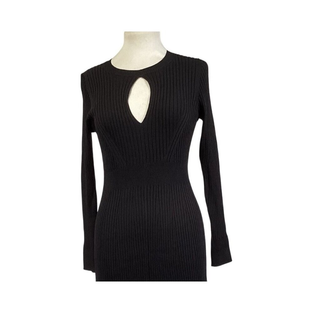 Boden Long Sleeve Ribbed Knit US 10P Black Midi Dress Keyhole Siren Bodycon